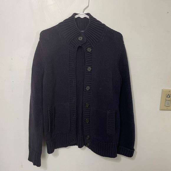 Lands' End Sweaters - Lands End Navy Blue Chunky Knit Mock Neck Button Front Cardigan Sweater Womens S
